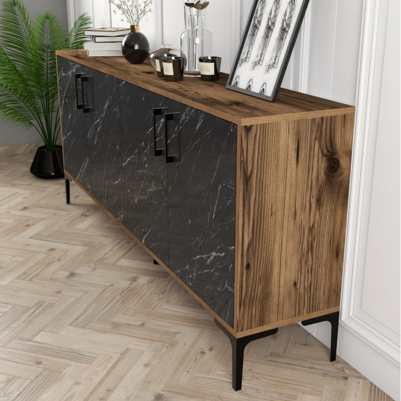 BUFFET FK9428.03 MELAMINE WALNUT WITH BLACK MARBLE-LOOK DOORS 180x35x78Hcm.
