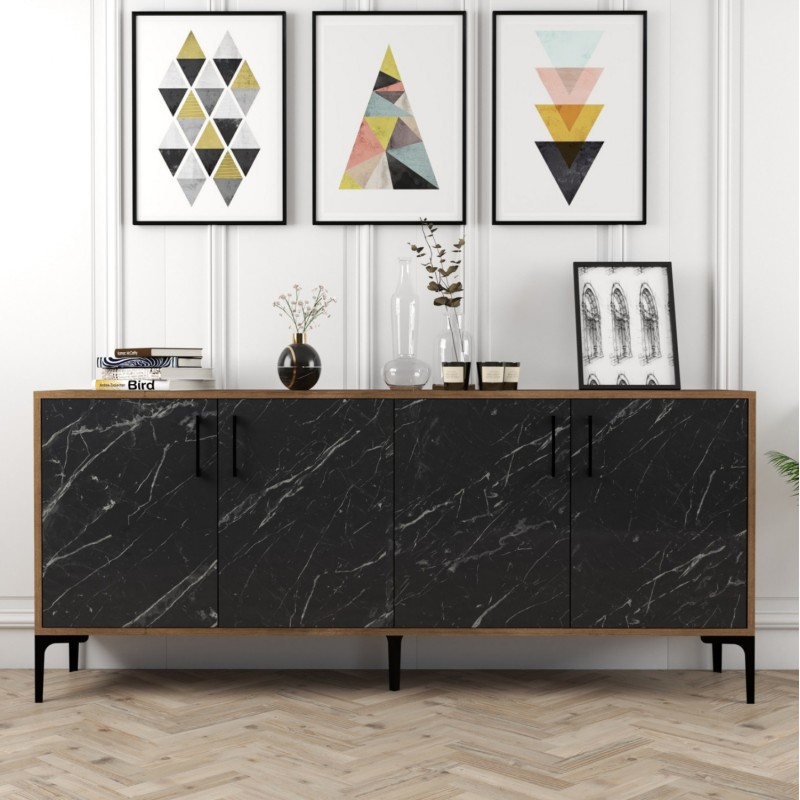 BUFFET FK9428.03 MELAMINE WALNUT WITH BLACK MARBLE-LOOK DOORS 180x35x78Hcm.