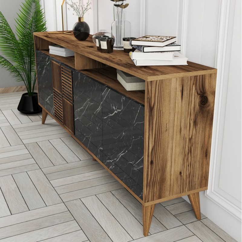 BUFFET MELAMINE FK9431.05 IN WALNUT WITH BLACK MARBLE-LOOK DOORS 180x35x78.6Hcm. BUFFET MELAMINE FK9431.05 IN WALNUT WITH BLACK MARBLE-LOOK DOORS 180x35x78.6Hcm.