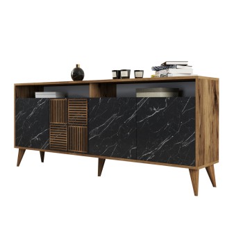 BUFFET MELAMINE FK9431.05 IN WALNUT WITH BLACK MARBLE-LOOK DOORS 180x35x78.6Hcm.
