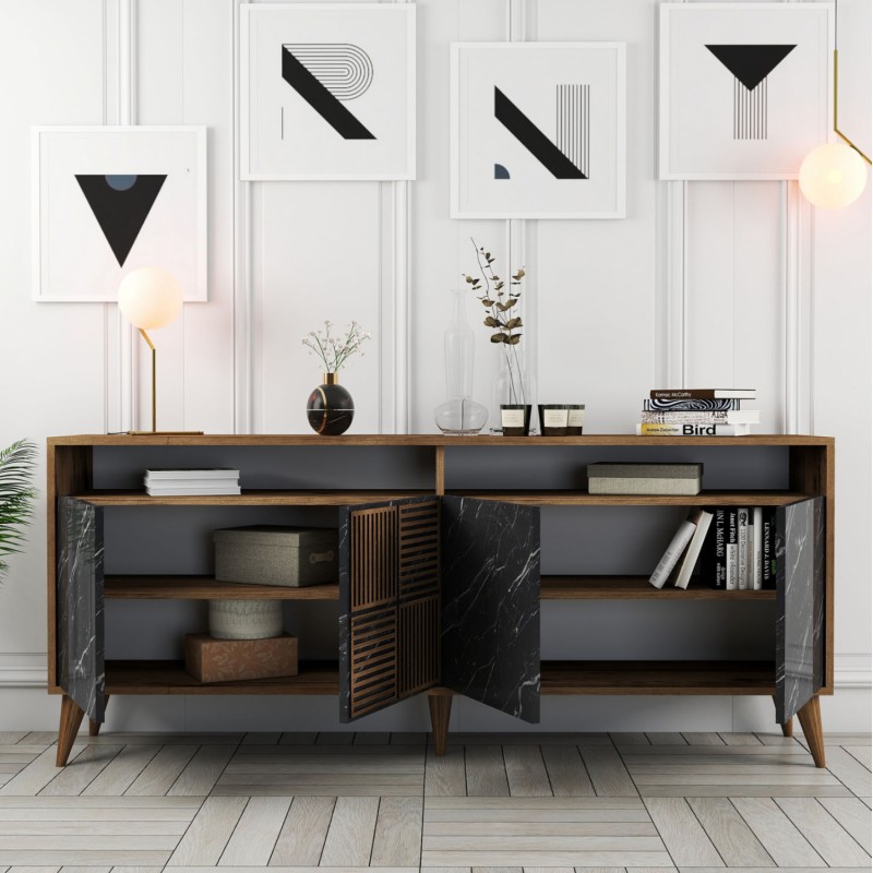 BUFFET MELAMINE FK9431.05 IN WALNUT WITH BLACK MARBLE-LOOK DOORS 180x35x78.6Hcm. BUFFET MELAMINE FK9431.05 IN WALNUT WITH BLACK MARBLE-LOOK DOORS 180x35x78.6Hcm.