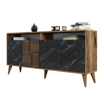 BUFFET MELAMINE FK9506.02 WALNUT WITH BLACK MARBLE-LOOK DOORS 160x35x78Hcm.