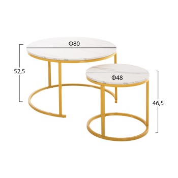 COFFEE TABLE 2PCS SET MDF WHITE MARBLE GOLD METAL LEGS Φ80x48cm.FK8763.11