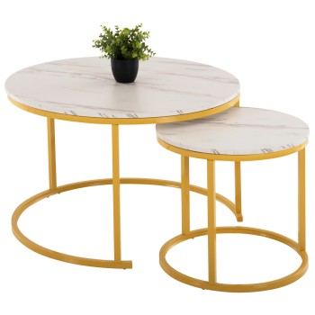 COFFEE TABLE 2PCS SET MDF WHITE MARBLE GOLD METAL LEGS Φ80x48cm.FK8763.11