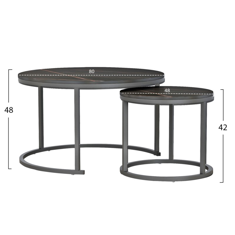 COFFEE TABLES SET 2PCS MDF BLACK MARBLE LOOK BLACK METALLIC LEGS Φ80x48cm.FK8763.13