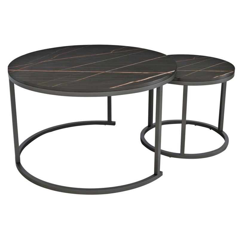 COFFEE TABLES SET 2PCS MDF BLACK MARBLE LOOK BLACK METALLIC LEGS Φ80x48cm.FK8763.13