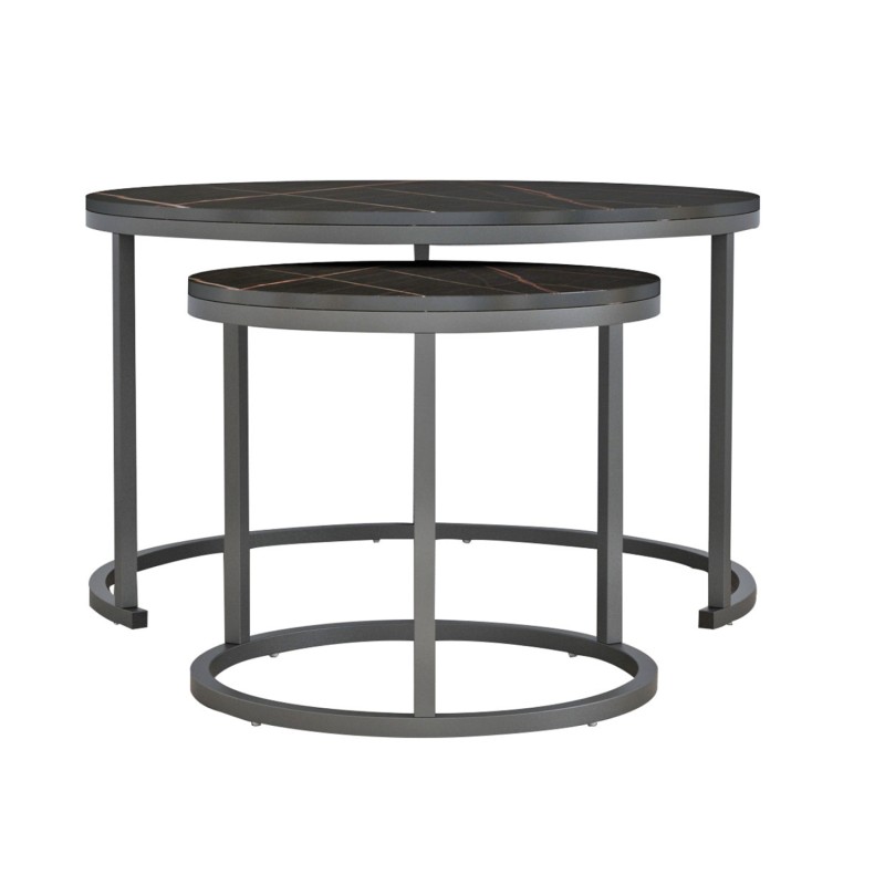 COFFEE TABLES SET 2PCS MDF BLACK MARBLE LOOK BLACK METALLIC LEGS Φ80x48cm.FK8763.13
