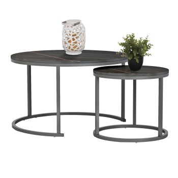 COFFEE TABLES SET 2PCS MDF BLACK MARBLE LOOK BLACK METALLIC LEGS Φ80x48cm.FK8763.13