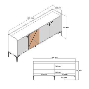 BUFFET MELAMINE FK9433.03 WALNUT WITH BLACK MARBLE-LOOK DOORS 180x35x78Hcm.