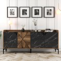 BUFFET MELAMINE FK9433.03 WALNUT WITH BLACK MARBLE-LOOK DOORS 180x35x78Hcm. BUFFET MELAMINE FK9433.03 WALNUT WITH BLACK MARBLE-LOOK DOORS 180x35x78Hcm.