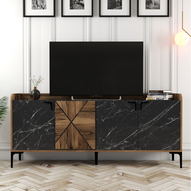 BUFFET MELAMINE FK9433.03 WALNUT WITH BLACK MARBLE-LOOK DOORS 180x35x78Hcm. BUFFET MELAMINE FK9433.03 WALNUT WITH BLACK MARBLE-LOOK DOORS 180x35x78Hcm.