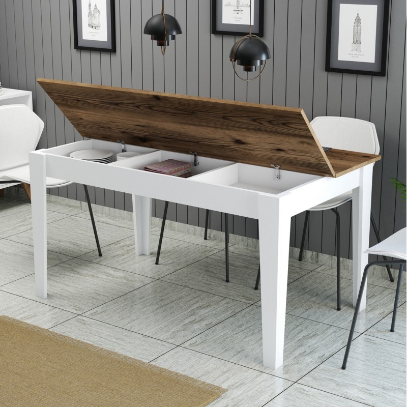 DINING TABLE STANDARD FK9507.07 MELAMINE WHITE-WALNUT WITH STORAGE SPACE 145x88x75Hcm.