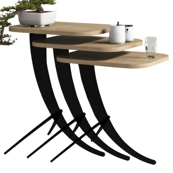 SIDE TABLES 3PCS FK9508.01 MELAMINE IN NATURAL OAK-BLACK METAL LEGS 35x45x60Hcm.
