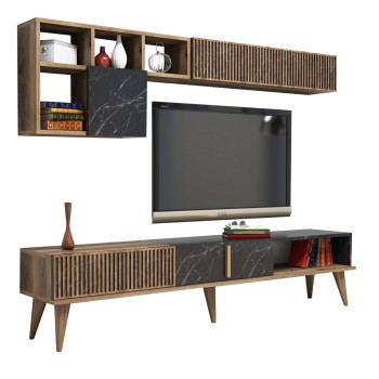 TV FURNITURE SET FK9438.03 MELAMINE IN WALNUT-BLACK MARBLE 180x35x40Hcm.
