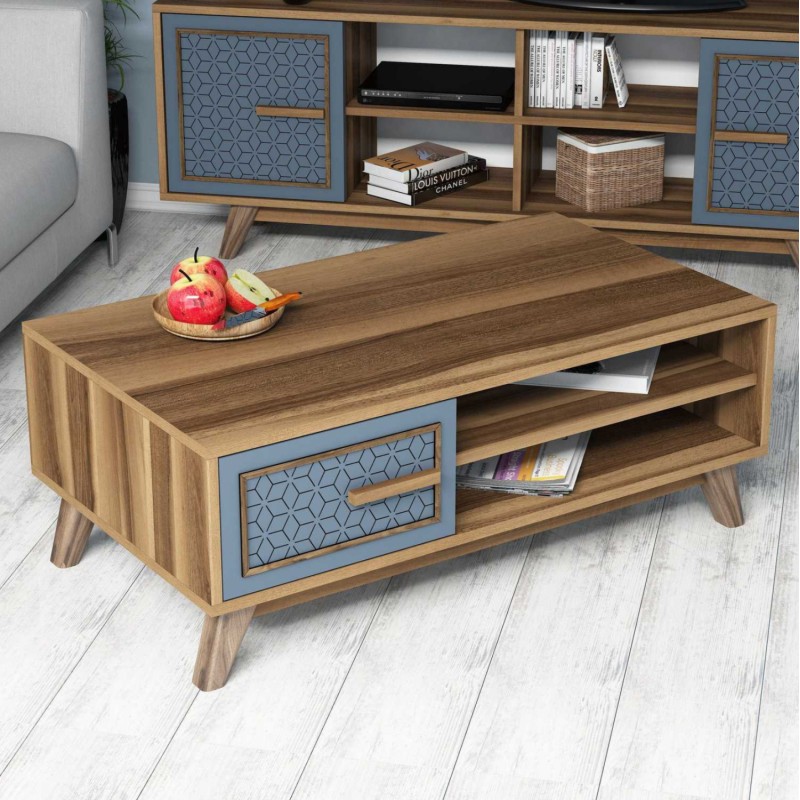 COFFEE TABLE MELAMINE IN WALNUT COLOR WITH BLUE CABINET DOOR FK9497.02 105x60x38,2Hcm.