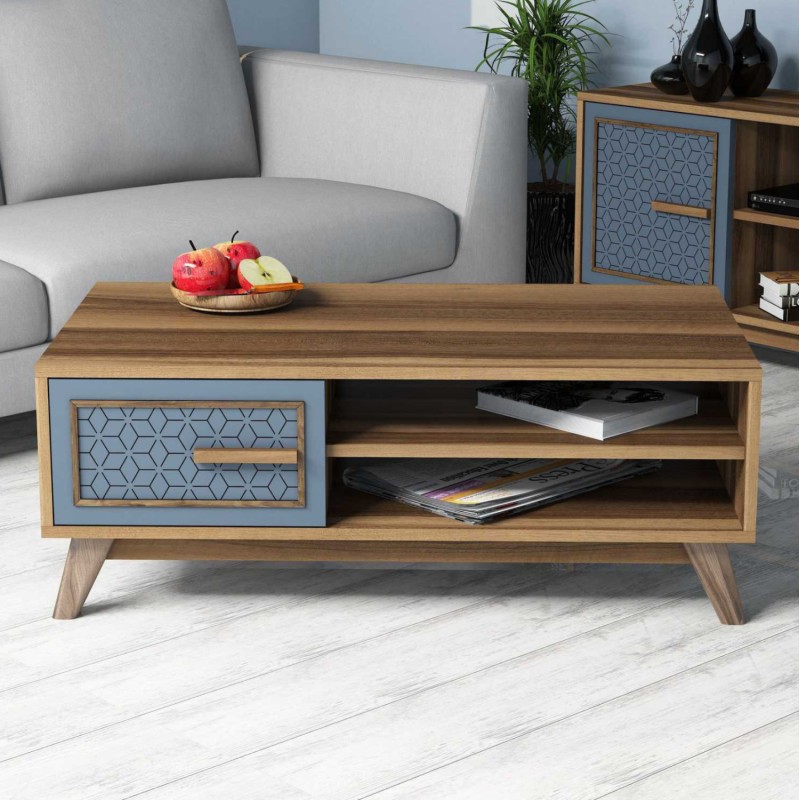 COFFEE TABLE MELAMINE IN WALNUT COLOR WITH BLUE CABINET DOOR FK9497.02 105x60x38,2Hcm.