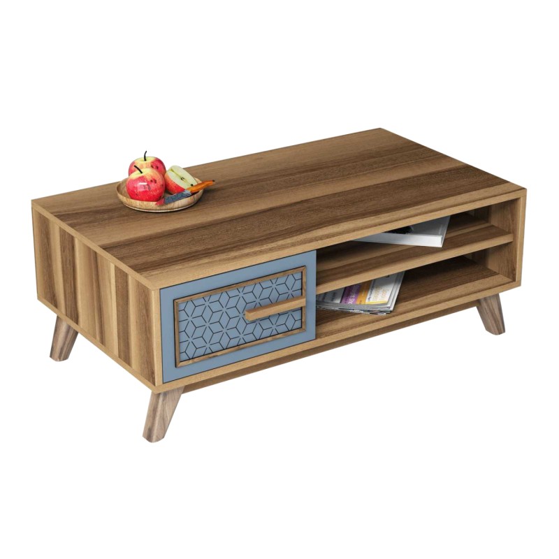 COFFEE TABLE MELAMINE IN WALNUT COLOR WITH BLUE CABINET DOOR FK9497.02 105x60x38,2Hcm.
