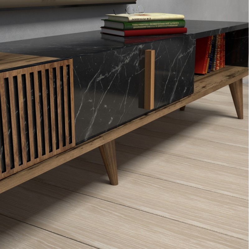 TV STAND FK9512.02 MELAMINE WALNUT AND BLACK MARBLE-LOOK 180x35x40Hcm. TV STAND FK9512.02 MELAMINE WALNUT AND BLACK MARBLE-LOOK 180x35x40Hcm.