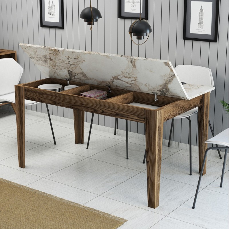 DINING TABLE STANDARD FK9507.03 MELAMINE WALNUT-WHITE MARBLE-LOOK WITH STORAGE SPACE 145x88x75Hcm. DINING TABLE STANDARD FK9507.03 MELAMINE WALNUT-WHITE MARBLE-LOOK WITH STORAGE SPACE 145x88x75Hcm.