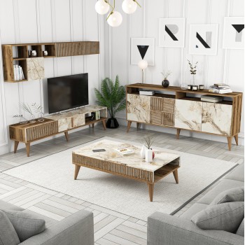 LIVING ROOM COMPOSITION FK11845.03 3PCS WALNUT-WHITE MARBLE LOOK