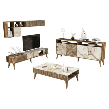 LIVING ROOM COMPOSITION FK11845.03 3PCS WALNUT-WHITE MARBLE LOOK