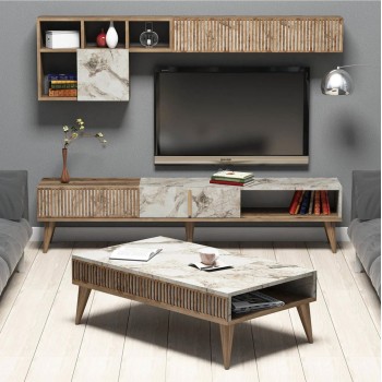 LIVING ROOM COMPOSITION FK11847.03 2PCS IN WALNUT-WHITE MARBLE LOOK