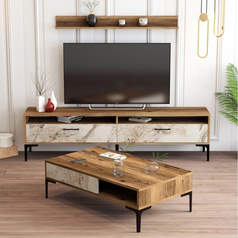 LIVING ROOM COMPOSITION FK11855.02 2PCS WALNUT-WHITE MARBLE