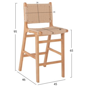 BARSTOOL MEDIUM-HEIGHT FK9332.01 RUBBERWOOD & ROPE- NATURAL COLOR 45x46x95Hcm.