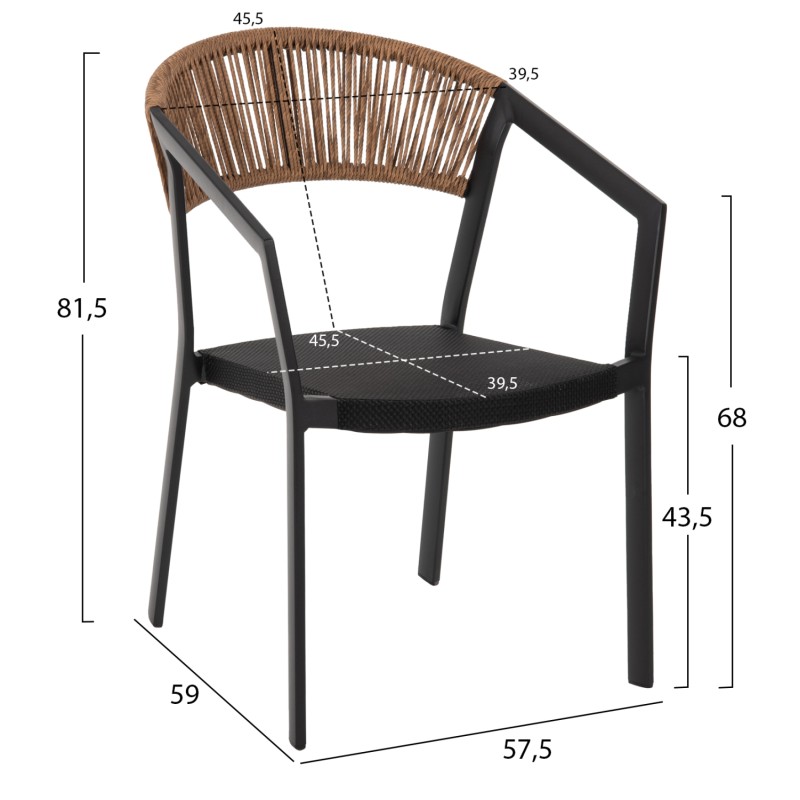 ARMCHAIR ALUMINUM MIRI FK5891.05 BLACK FRAME AND TEXTLINE- BEIGE RATTAN BACKREST 57,5x59x81,5Hcm. ARMCHAIR ALUMINUM MIRI FK5891.05 BLACK FRAME AND TEXTLINE- BEIGE RATTAN BACKREST 57,5x59x81,5Hcm.