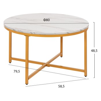 COFFEE TABLE FK9420.01 MELAMINE WHITE MARBLE-GOLD METAL LEGS Φ80x48,5Hcm.