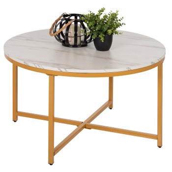 COFFEE TABLE FK9420.01 MELAMINE WHITE MARBLE-GOLD METAL LEGS Φ80x48,5Hcm.