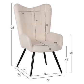 ARMCHAIR CRAWLEY WITH FOOTSTOOL FK8918.25 WHITE BOUCLE FABRIC-BLACK METAL LEGS 70x74x105Hcm. ARMCHAIR CRAWLEY WITH FOOTSTOOL FK8918.25 WHITE BOUCLE FABRIC-BLACK METAL LEGS 70x74x105Hcm.