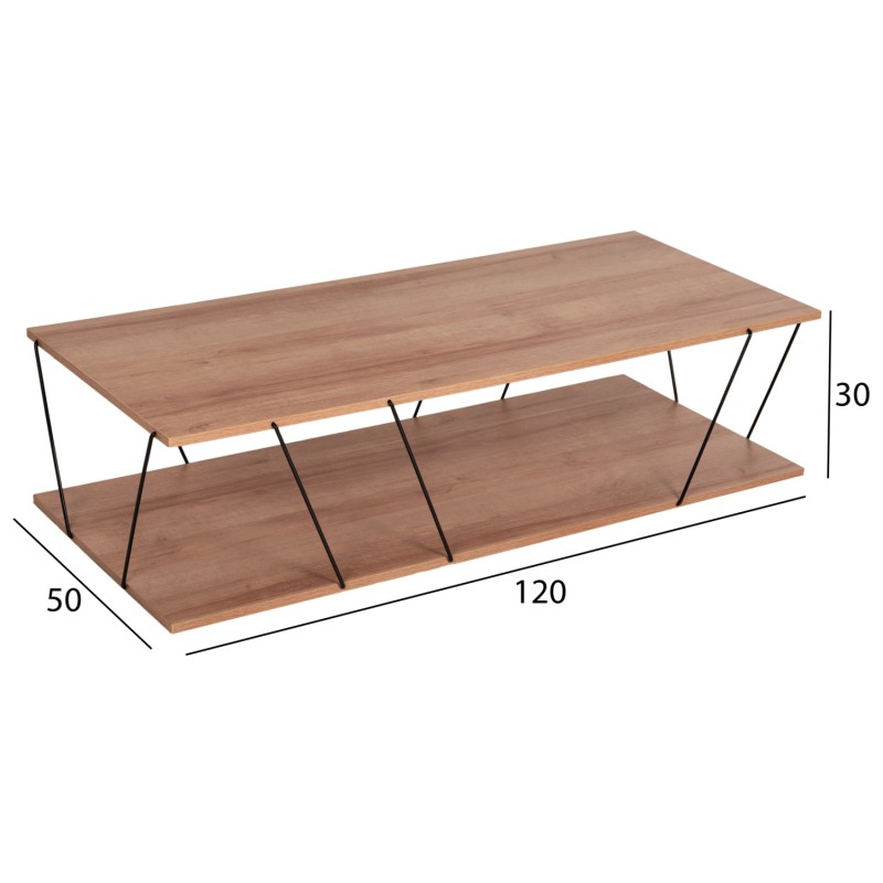 COFFEE TABLE TARS FK8927.11 NATURAL OAK MELAMINE-BLACK METAL RODS 120Χ50Χ30Hcm.