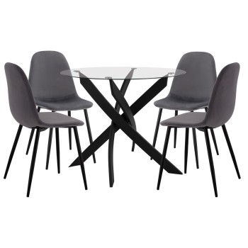 DINING SET 5PCS FK11095.01 TABLE WITH TEMPERED GLASS Φ90X74Hcm & 4 CHAIRS WITH GREY VELVET