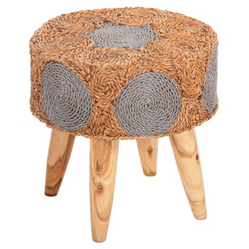 STOOL BEAM FK7826 TEAK WOOD AND SEAGRASS RUSH IN NATURAL & GREY Φ43x45Hcm.