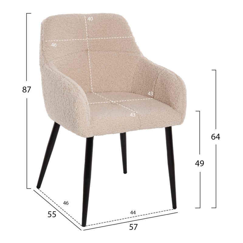 ARMCHAIR SHELLY FK8591.02 TEDDY FABRIC IN WHITE-BLACK METAL LEGS 57x55x87Hcm. ARMCHAIR SHELLY FK8591.02 TEDDY FABRIC IN WHITE-BLACK METAL LEGS 57x55x87Hcm.