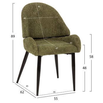 CHAIR SARKY FK8585.03 BOUCLE GREEN FABRIC-BLACK METAL LEGS 55x62x89Hcm.