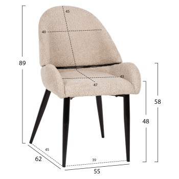 CHAIR SARKY FK8585.02 BOUCLE ECRU FABRIC-BLACK METAL LEGS 56x64x88Hcm.