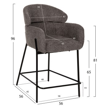 BAR STOOL MEDIUM HEIGHT WOLF FK8584.01 GREY BOUCLE FABRIC-BLACK METAL LEGS 56x57x98Hcm. BAR STOOL MEDIUM HEIGHT WOLF FK8584.01 GREY BOUCLE FABRIC-BLACK METAL LEGS 56x57x98Hcm.