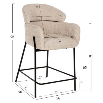 BAR STOOL MEDIUM HEIGHT WOLF FK8584.02 ECRU BOUCLE FABRIC-BLACK METAL LEGS 56x57x98Hcm. BAR STOOL MEDIUM HEIGHT WOLF FK8584.02 ECRU BOUCLE FABRIC-BLACK METAL LEGS 56x57x98Hcm.