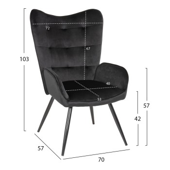 ARMCHAIR WITH FOOTSTOOL CRAWLEY FK8918.04 BLACK VLEVET-METAL LEGS 70x57x103Hcm. ARMCHAIR WITH FOOTSTOOL CRAWLEY FK8918.04 BLACK VLEVET-METAL LEGS 70x57x103Hcm.