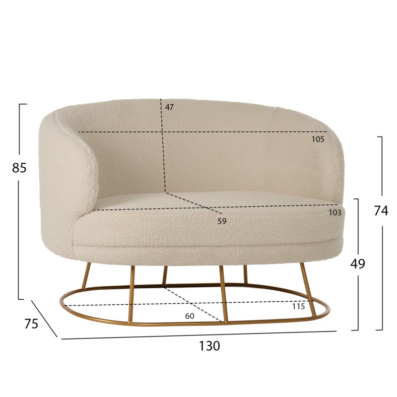 SOFA 2-SEATER ARIEN FK8492.20 ECRU BOUCLE FABRIC AND GOLD METAL BASE 130x75x85Hcm. SOFA 2-SEATER ARIEN FK8492.20 ECRU BOUCLE FABRIC AND GOLD METAL BASE 130x75x85Hcm.