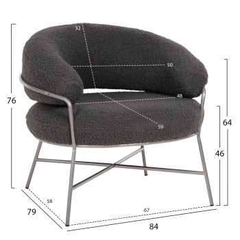 ARMCHAIR TRUDI FK8639.21 GREY BOUCLE FABRIC AND SILVER METAL FRAME 84x79x76Hcm. ARMCHAIR TRUDI FK8639.21 GREY BOUCLE FABRIC AND SILVER METAL FRAME 84x79x76Hcm.