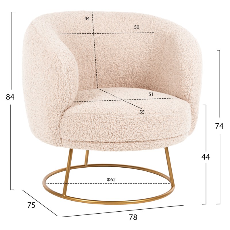 ARMCHAIR ARIEN FK8403.20 BOUCLE FABRIC IN ECRU-GOLD METAL BASE 78x75x84Hcm. ARMCHAIR ARIEN FK8403.20 BOUCLE FABRIC IN ECRU-GOLD METAL BASE 78x75x84Hcm.