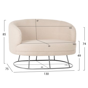 SOFA 2-SEATER ARIEN FK8492.23 WHITE BOUCLE FABRIC AND SILVER METAL BASE 130x75x85Hcm. SOFA 2-SEATER ARIEN FK8492.23 WHITE BOUCLE FABRIC AND SILVER METAL BASE 130x75x85Hcm.
