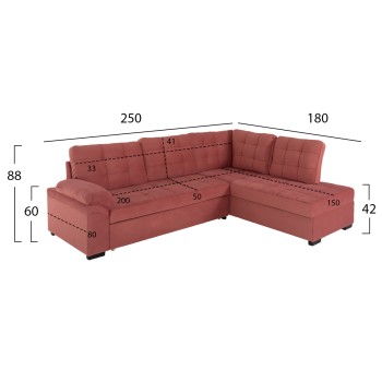 SOFABED RIGHT CORNER JADE FK3144.03R DUSTY PINK VELVET 250x80-180x73-88Hcm.
