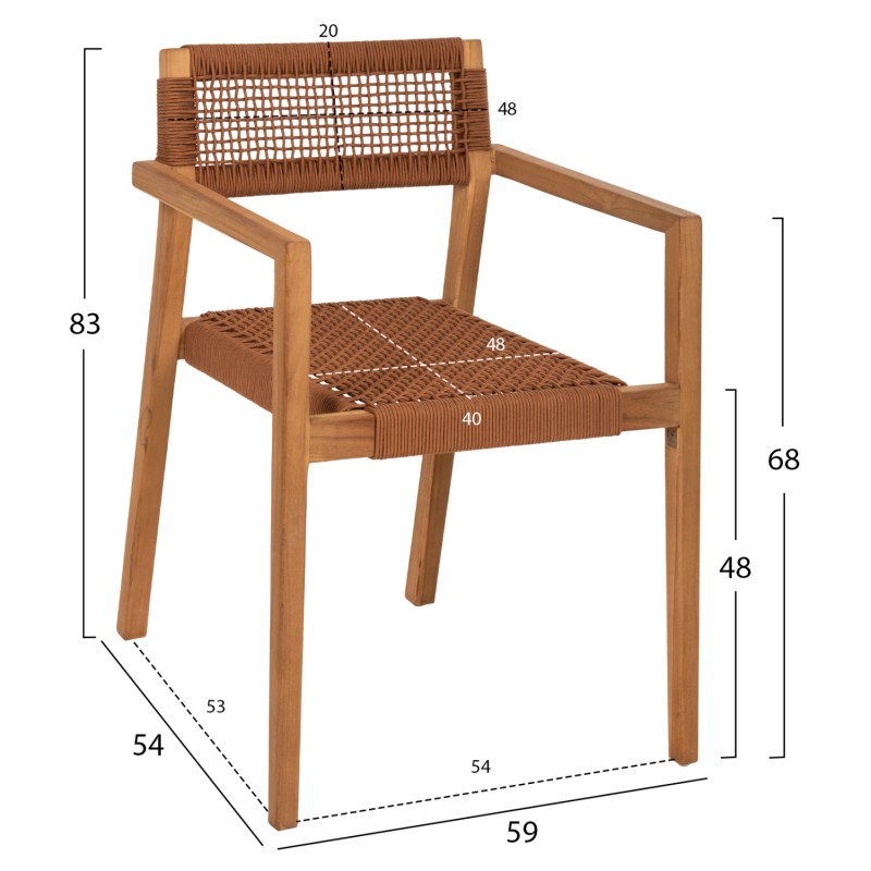 ARMCHAIR CHARLOTTE FK9637.01 TEAK WOOD & BROWN ROPE--B'RATED 59x54x83Hcm. ARMCHAIR CHARLOTTE FK9637.01 TEAK WOOD & BROWN ROPE--B'RATED 59x54x83Hcm.