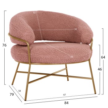 ARMCHAIR TRUDI FK8639.22 DUSTY PINK BOUCLE FABRIC AND GOLD METAL FRAME 84x79x76Hcm. ARMCHAIR TRUDI FK8639.22 DUSTY PINK BOUCLE FABRIC AND GOLD METAL FRAME 84x79x76Hcm.