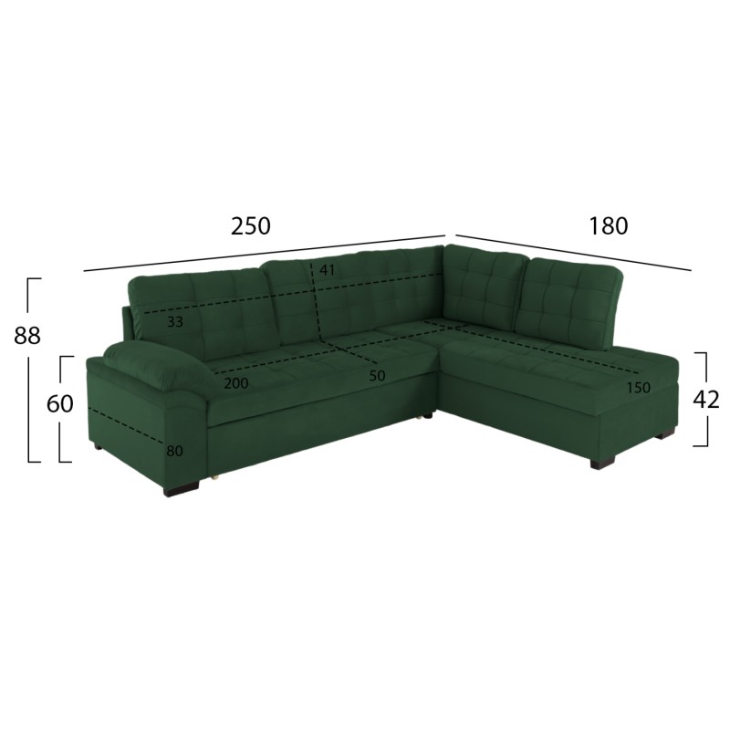 SOFABED RIGHT CORNER JADE FK3144.05R CYPRESS GREEN VELVET 250x80-180x73-88Hcm. SOFABED RIGHT CORNER JADE FK3144.05R CYPRESS GREEN VELVET 250x80-180x73-88Hcm.