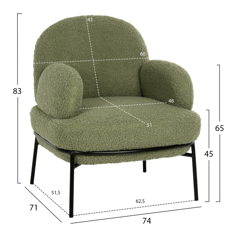 ARMCHAIR AGNES FK9525.27 PISTACHIO GREEN BOUCLE FABRIC-BLACK METAL LEGS 74x71x83Hcm.